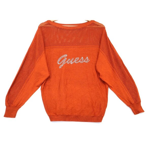Y2K Guess Los Angeles Womens Orange XS Knit Sweater Rhinestone Mesh Tomato Girl - Picture 1 of 9